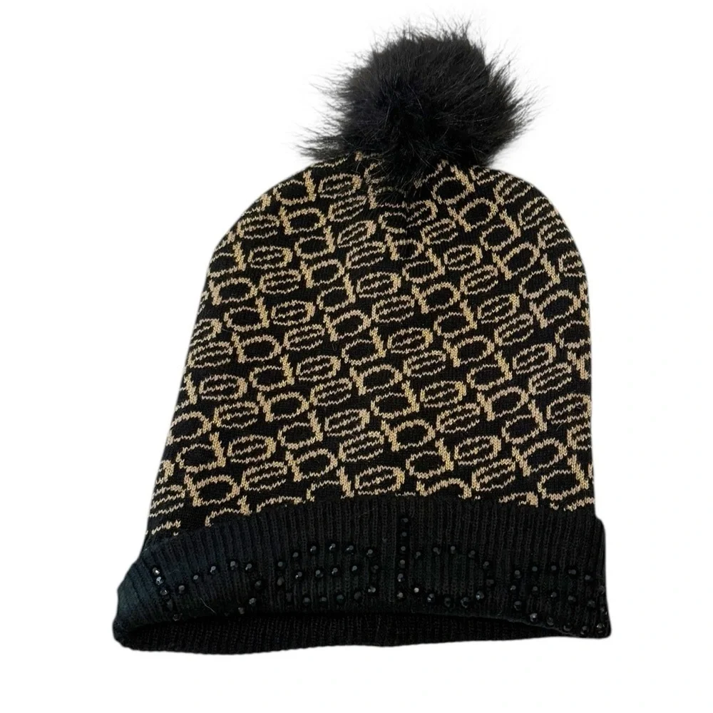 BEBE Logo Black and Gold Stocking Cap and Scarf Set Rhinestone Logo Pom Pom NWOT